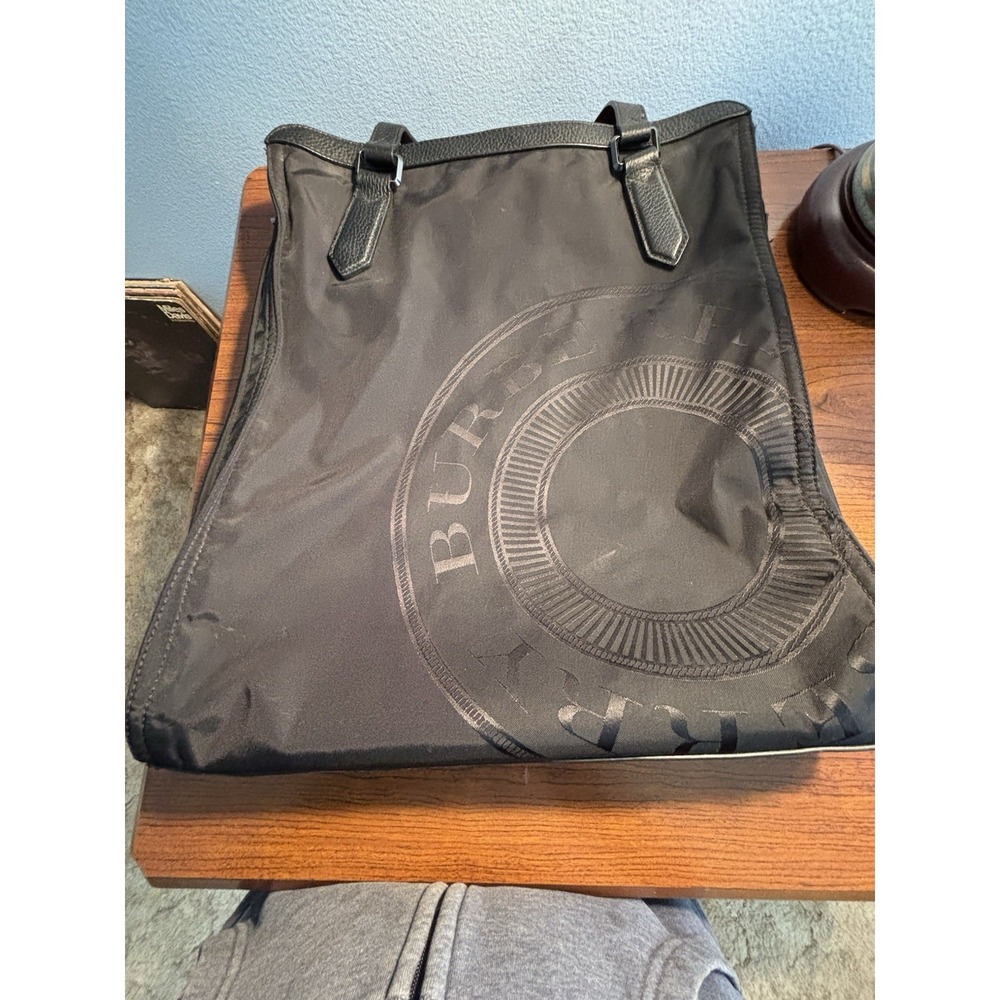 Authentic Burberry Black Nylon Logo Graphic Tote Bag – Leather Trim